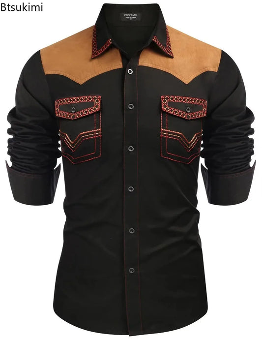 Chemise style cowboy western pour homme, printemps-automne 2025, manches longues, revers, vêtements décontractés et tendance