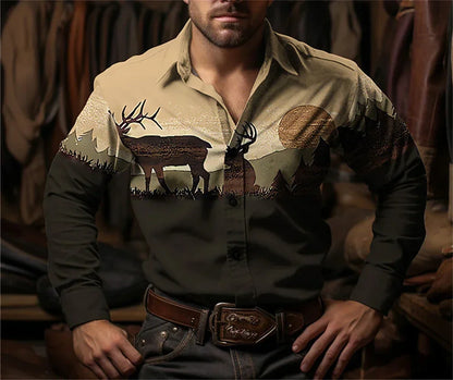Chemise à manches longues à imprimé floral de cow-boy occidental pour le printemps et l'été, chemise à col pour homme en tissu doux et confortable