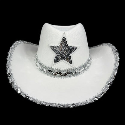Pink Cowboy Hat For Women Girls Wide Brim Western Hat Glitter Crown Sequin Cap Performance Costume Cowgirl Hat For Wedding Party