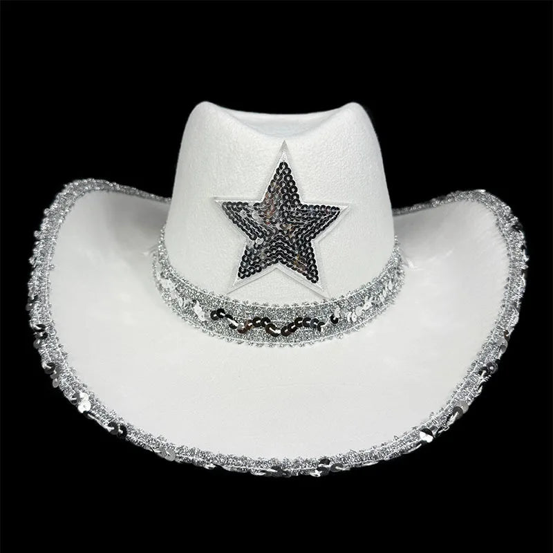 Pink Cowboy Hat For Women Girls Wide Brim Western Hat Glitter Crown Sequin Cap Performance Costume Cowgirl Hat For Wedding Party