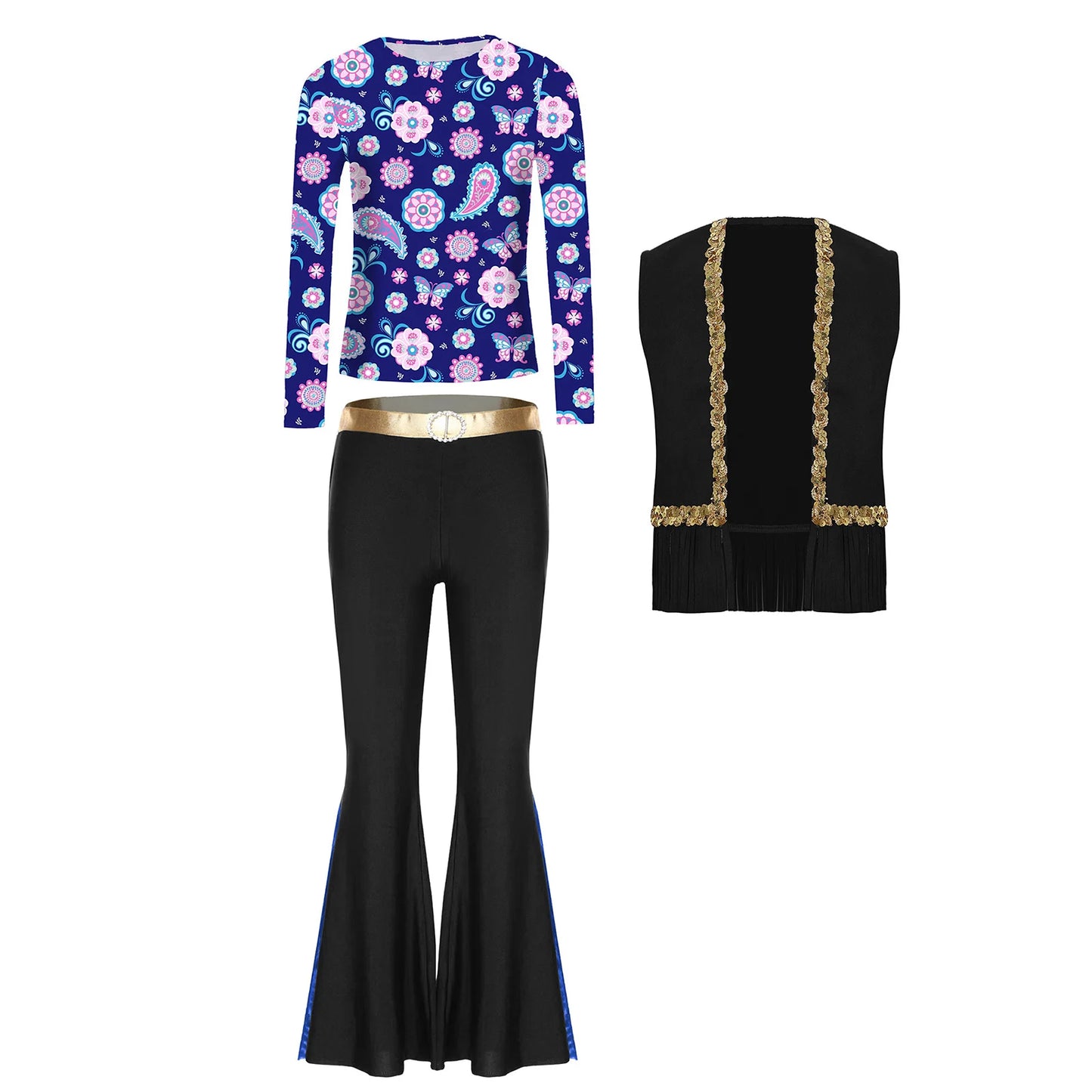 Girls Halloween Disco Hippie Western Cowgirl Carnival Cosplay Costume Printed Shirt Tops with Tassels Vest And Flared Pants Set
