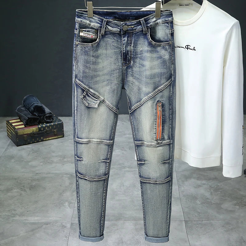 Jean rétro pour homme, slim, élastique, fermeture éclair, pantalon crayon skinny, style Harajuku, hip-hop, rock, moto, streetwear