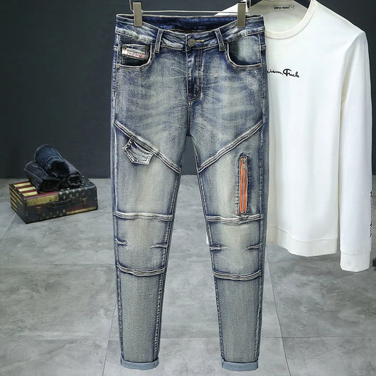 Jean rétro pour homme, slim, élastique, fermeture éclair, pantalon crayon skinny, style Harajuku, hip-hop, rock, moto, streetwear