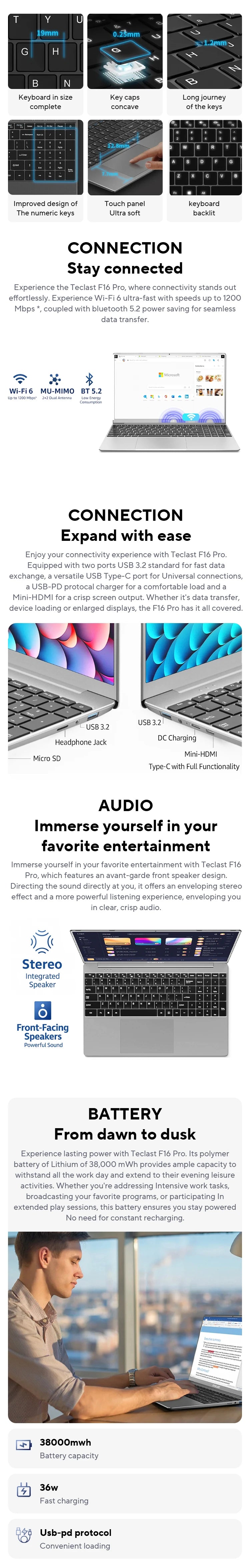 TECLAST F16Pro Laptop 15.6 inch, 16GB RAM 512GB SSD Computers, for Intel N95 CPU, IPS FHD 1080P Screen, WiFi 6, BT 5.0, USB3.2, Backlit Keyboard, 38000mWh