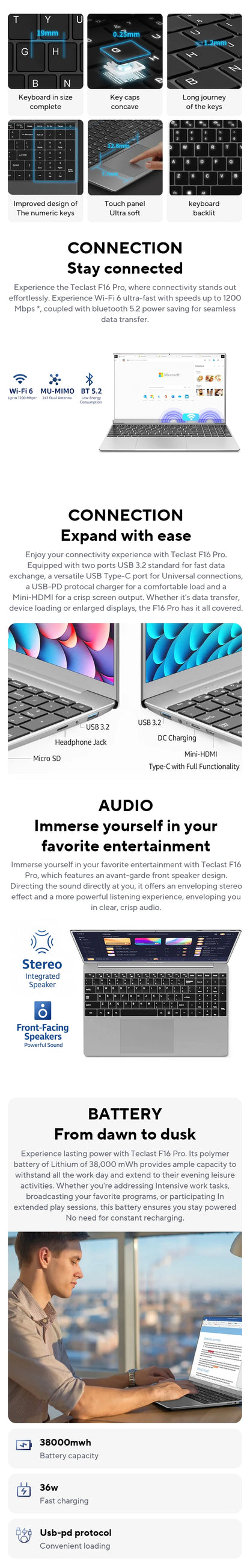 TECLAST F16Pro Laptop 15.6 inch, 16GB RAM 512GB SSD Computers, for Intel N95 CPU, IPS FHD 1080P Screen, WiFi 6, BT 5.0, USB3.2, Backlit Keyboard, 38000mWh