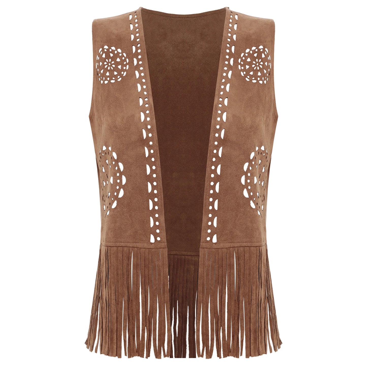 Débardeur vintage à franges style cowgirl hippie style années 70 pour femme, style disco, style années 70, ajouré, pompon, gilet en faux daim