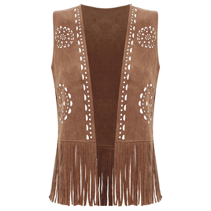 Débardeur vintage à franges style cowgirl hippie style années 70 pour femme, style disco, style années 70, ajouré, pompon, gilet en faux daim