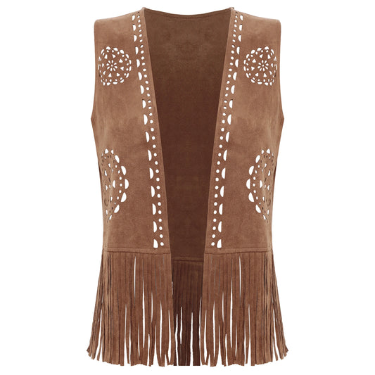 Womens Western Cowgirl 70s Disco Hippy Cosplay Costume Fringe Vest Vintage Hollow Out Tassel Tank Tops Faux Suede Waistcoat
