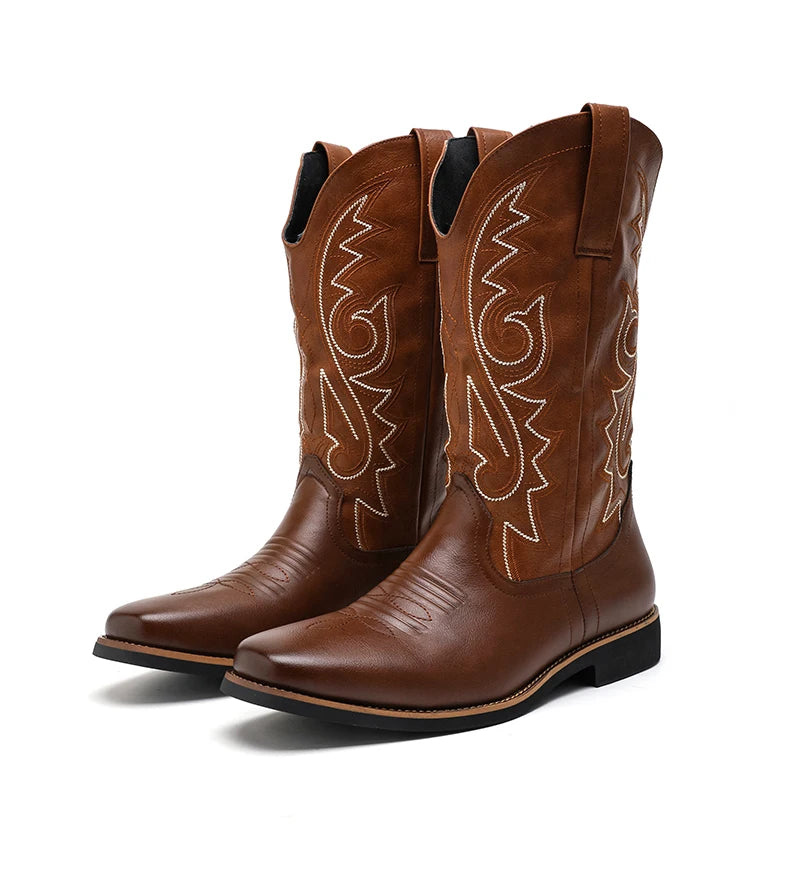 Men Boot 2024 Mid Calf Western Cowboy Motorcycle Boots Male Autumn Outdoor PU Leather Totem Med Heel Fashion Designed Men Boots