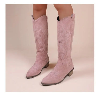 Winter New Coarse Heel Look Thin Tall Long Boots Not Over Knee Embroidered Retro Western Cowboy Boots 2025 New