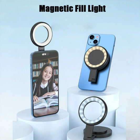 Anneau lumineux LED magnétique pour Selfie, pour iPhone 16 15 Magsafe, lumière de remplissage pour photographie, diffusion en direct, support rabattable