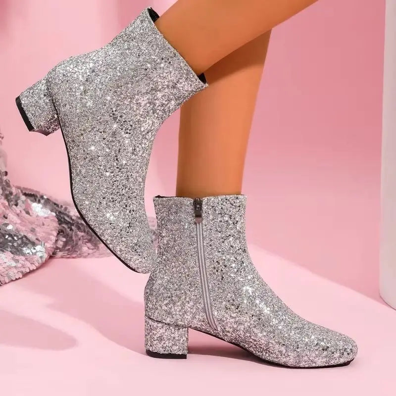 Glitter Fashion Sequins Boots Women Zipper Chunky Heel Women's Boots Round Toe Chunky Heels Ankle Boots Party Shoes for Women