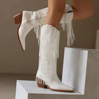 Bottes western à sequins et pompons, noires et argentées, courtes, en peluche, automne/hiver, talon de 6,5 cm, style bohème, hauteur genou, pointures 36 a 46.