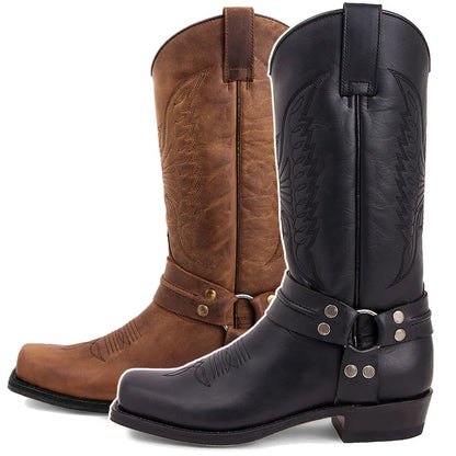 Bottes de cowboy western noires et marron en similicuir pour homme, chaussures d'hiver rétro brodées, mi-mollet, taille 48, nouvelle collection 2023