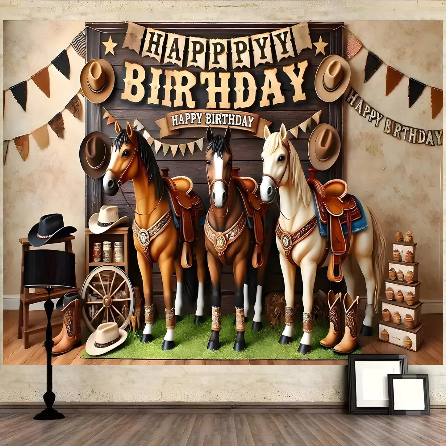1 "Happy Birthday West" themed background banner - polyester, cowboy and horse print with rustic wood design