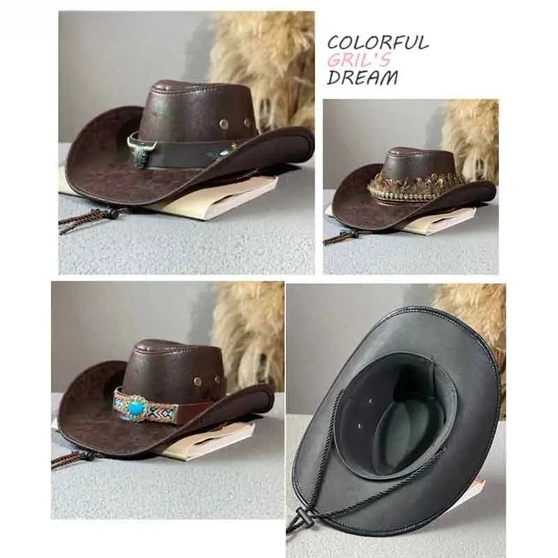 Fashion High Quality Retro Cow Head Decorate Western Cowboy Hat Faux Leather Gentleman Jazz Hats Men Panama Cowgirl Hat