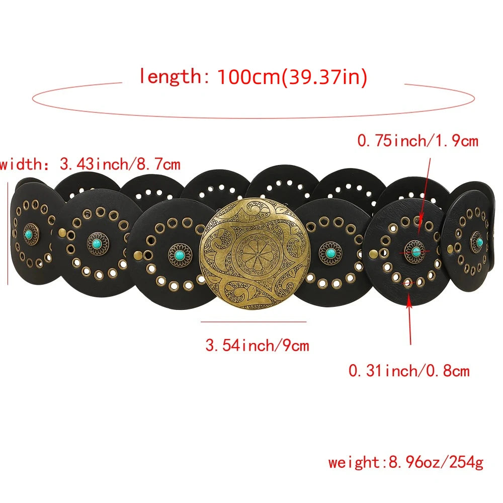 Exaggerated Wide Boho Disc Belt Rivet Turquoise Carved Buckle Waist Belt Adjustable Alloy Western Leather Waistband Cowgirl