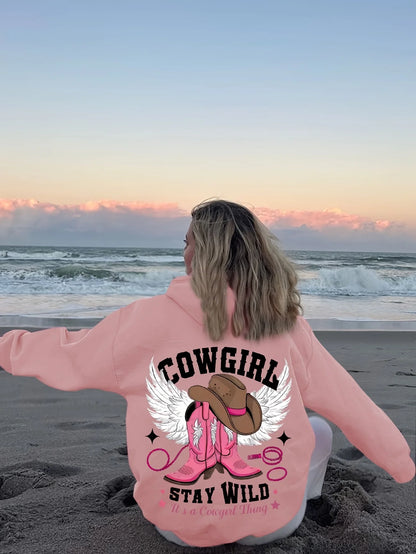 Western Chic Cowgirl Hoodie Soft Stretch Long Sleeve Pullover Sweatshirt with Hood Embroidered Cowboy Hat and Boots