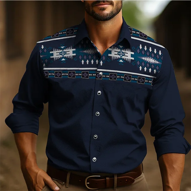 Chemise à manches longues style occidental pour homme, coupe ajustée, décontractée, confortable, simple, tenue sociale, style national rétro, style tribal