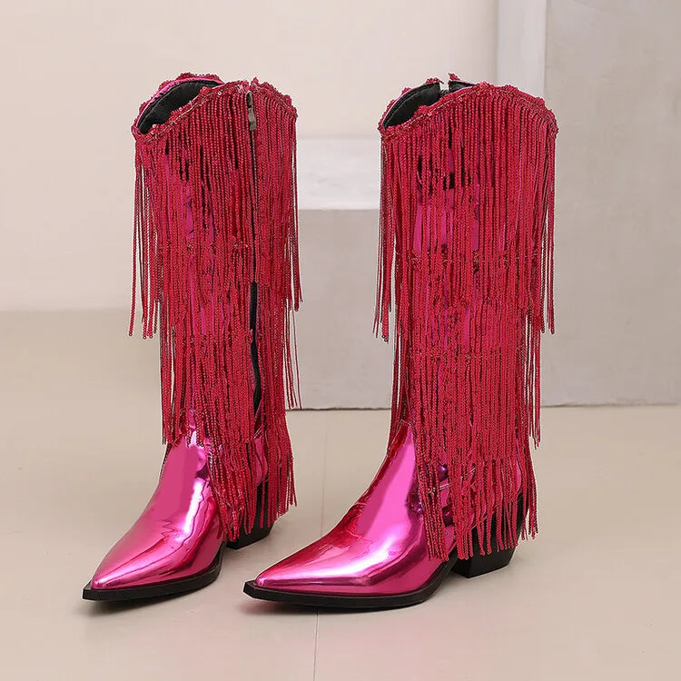 Bottes western à sequins et pompons, noires et argentées, courtes, en peluche, automne/hiver, talon de 6,5 cm, style bohème, hauteur genou, pointures 36 a 46.