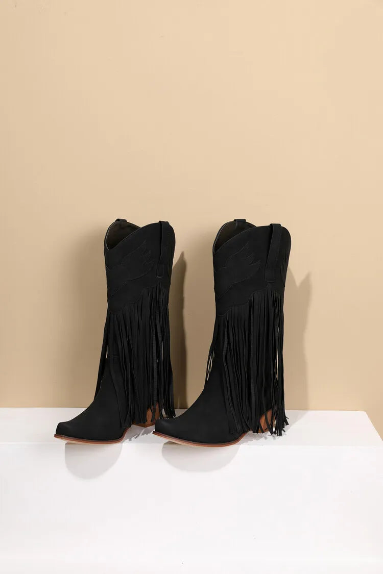 Nouvelles bottes de cowboy rétro ethniques pour femmes avec pompon à talon moyen, chaussures d'hiver pour femmes