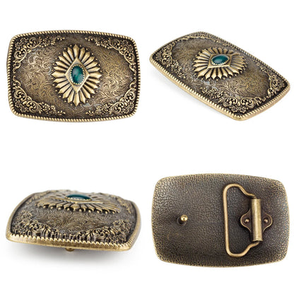 Ceinture classique en cuir véritable avec boucle en émail saphir et motif floral sculpté en argent pour femmes et hommes, cadeau