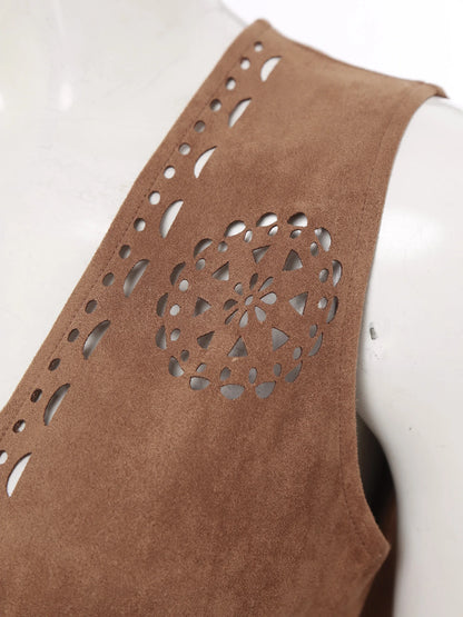 Womens Western Cowgirl 70s Disco Hippy Cosplay Costume Fringe Vest Vintage Hollow Out Tassel Tank Tops Faux Suede Waistcoat