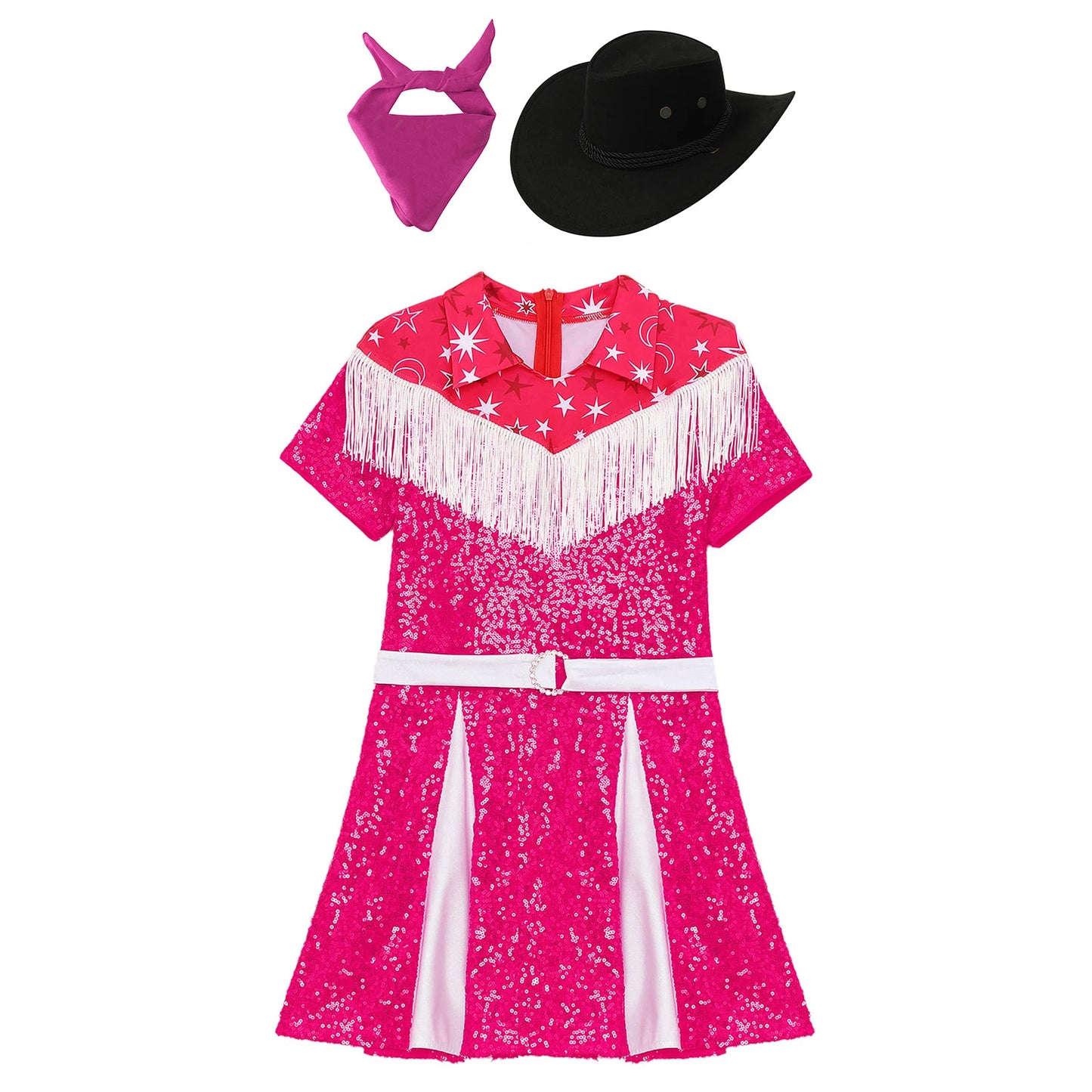 Kids Girls Western Cowgirl Cosplay Costume Fringe Sequin Dress with Cowboy Hat Bandanna Halloween Carnival Theme Party Outfit
