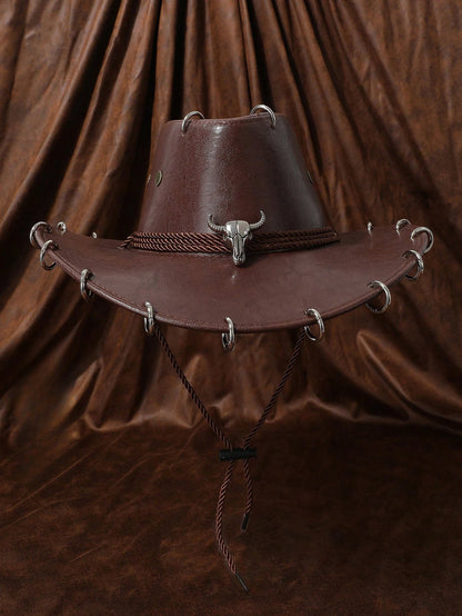 HongLuan – chapeau de Cowboy noir réglable en cuir PU pour hommes et femmes, mode occidentale de voyage, Cowgirl avec Badge Bullhead, chapeaux d'extérieur pour femmes