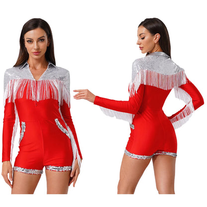 Womens Sequins Western Cowgirl Cosplay Costume Tassel Fringe Boyshorts Rompers 70s 80s Disco Bodysuit Front Zip Playsuit