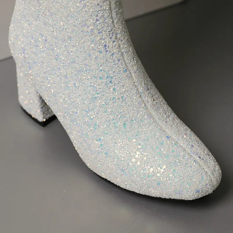 Grainy Sequin Women's Tall Boots Bling Sung Fit Knee High Boots 6.5cm Heels Comfy 2024 Winter Shoes