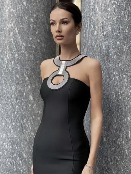 2022 New Bandage Dress Fashion Sexy Halter Neck Diamond Collar Short Skirt Banquet Party Little Black Dress-A1252