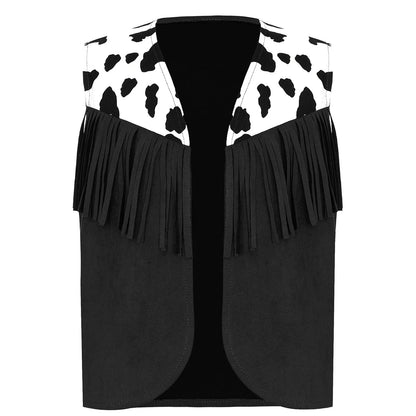 Kids Child Halloween Western Cowboy Cowgirl Cosplay Costume Cow Print Tassels Vest and Flared Pants Set Carnival Party Dress Up