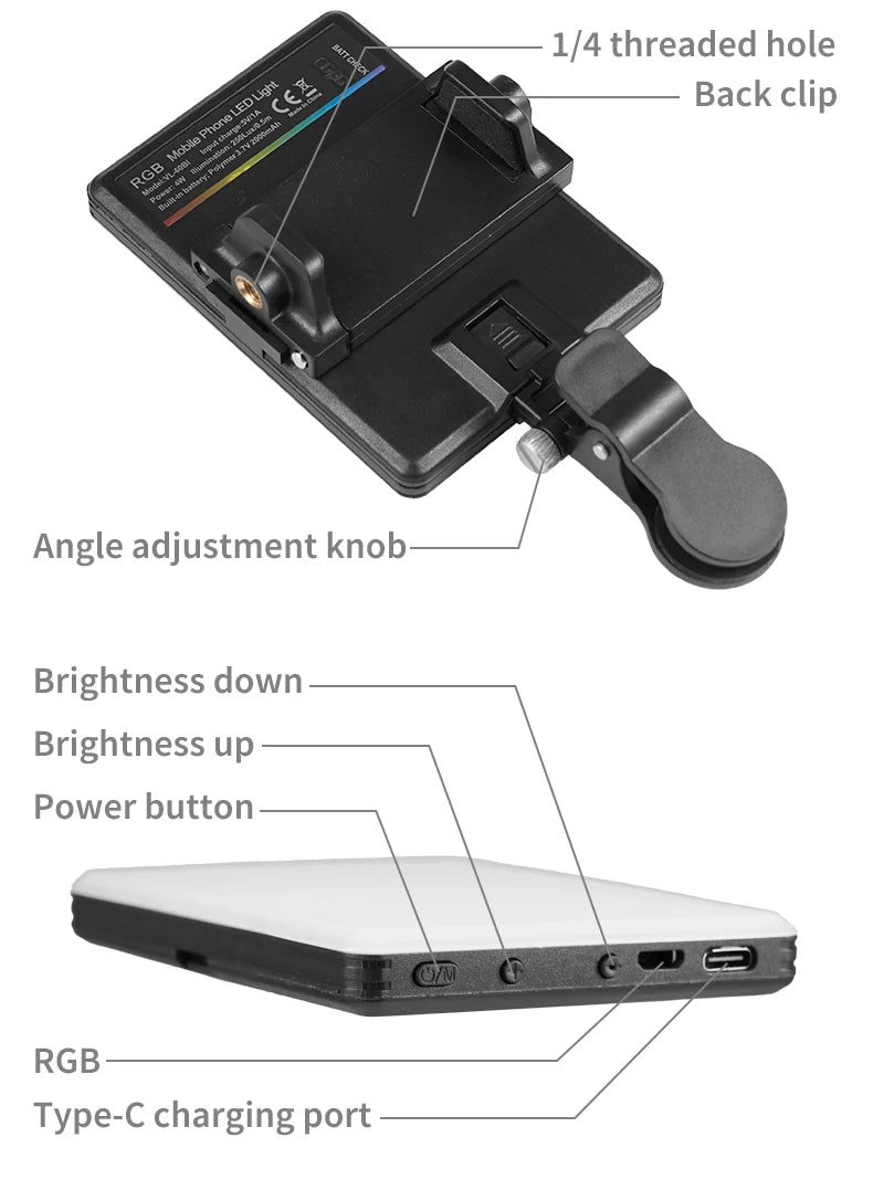 Mini lumière de remplissage LED RVB, poche droite, photographie vidéo, éclairage de poche, clip Vlog en direct pour téléphone, iPhone, iPad, ordinateur portable, appareil photo