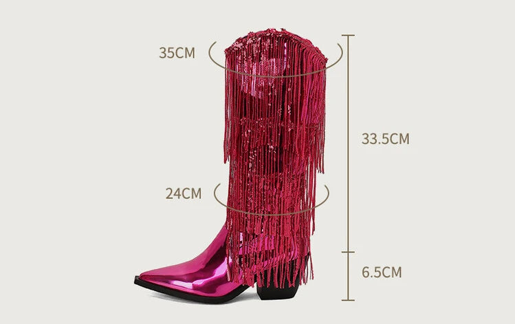 Bottes western à sequins et pompons, noires et argentées, courtes, en peluche, automne/hiver, talon de 6,5 cm, style bohème, hauteur genou, pointures 36 a 46.