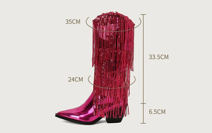 Bottes western à sequins et pompons, noires et argentées, courtes, en peluche, automne/hiver, talon de 6,5 cm, style bohème, hauteur genou, pointures 36 a 46.