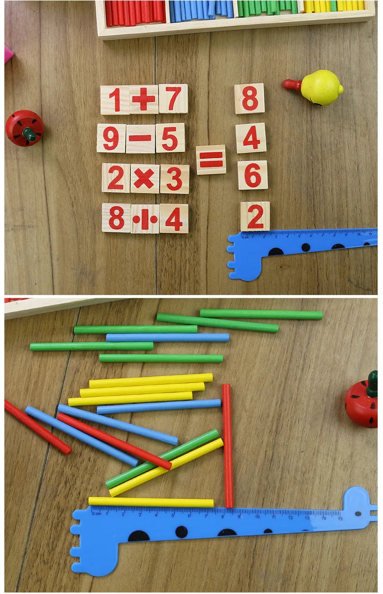 Children's math teaching aids, counting sticks, arithmetic learning box, wooden educational toys, Montessori education