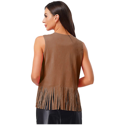 Womens Western Cowgirl 70s Disco Hippy Cosplay Costume Fringe Vest Vintage Hollow Out Tassel Tank Tops Faux Suede Waistcoat