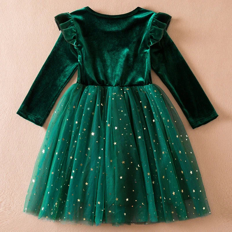 Green Christmas Dress for Kids Girls Autumn Long Sleeves Princess Dresses Children Winter Birthday Party New Year Costume 3-8Yrs