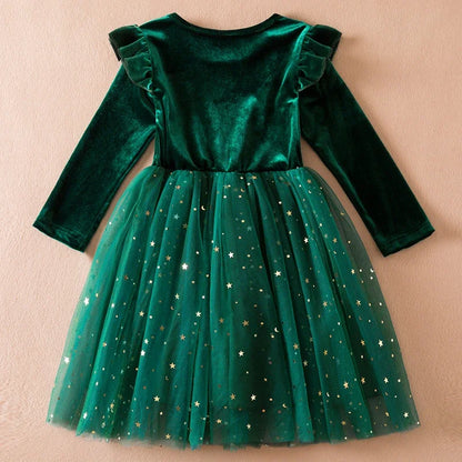 Green Christmas Dress for Kids Girls Autumn Long Sleeves Princess Dresses Children Winter Birthday Party New Year Costume 3-8Yrs