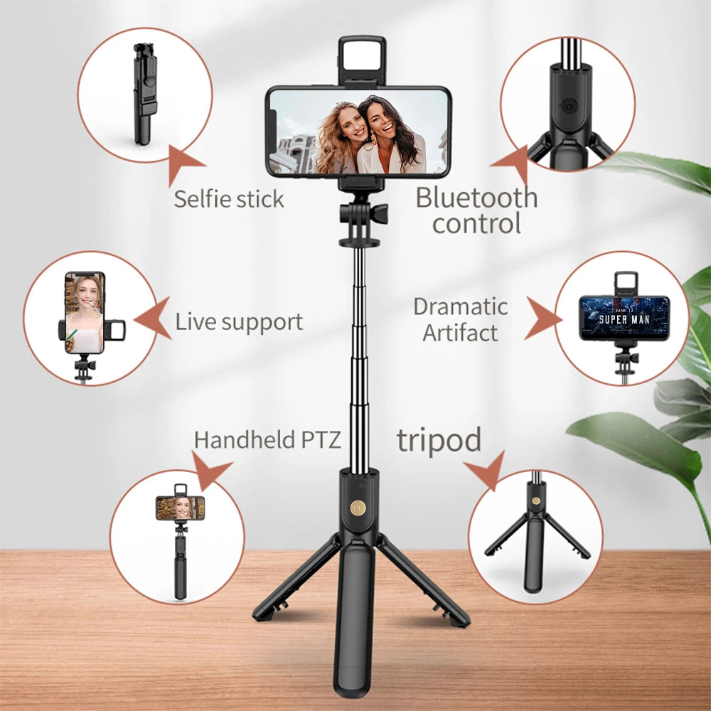 Trépied sans fil pour perche à Selfie, avec télécommande Bluetooth légère, extensible, pour iPhone, téléphone portable, Tiktok, Streaming en direct