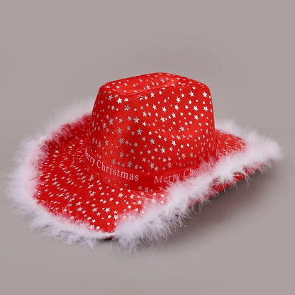 Chapeau de Cowboy de noël rouge, décoration du père noël, accessoires de fête de vacances, chapeau de Cowgirl à large bord, chapeau de Jazz