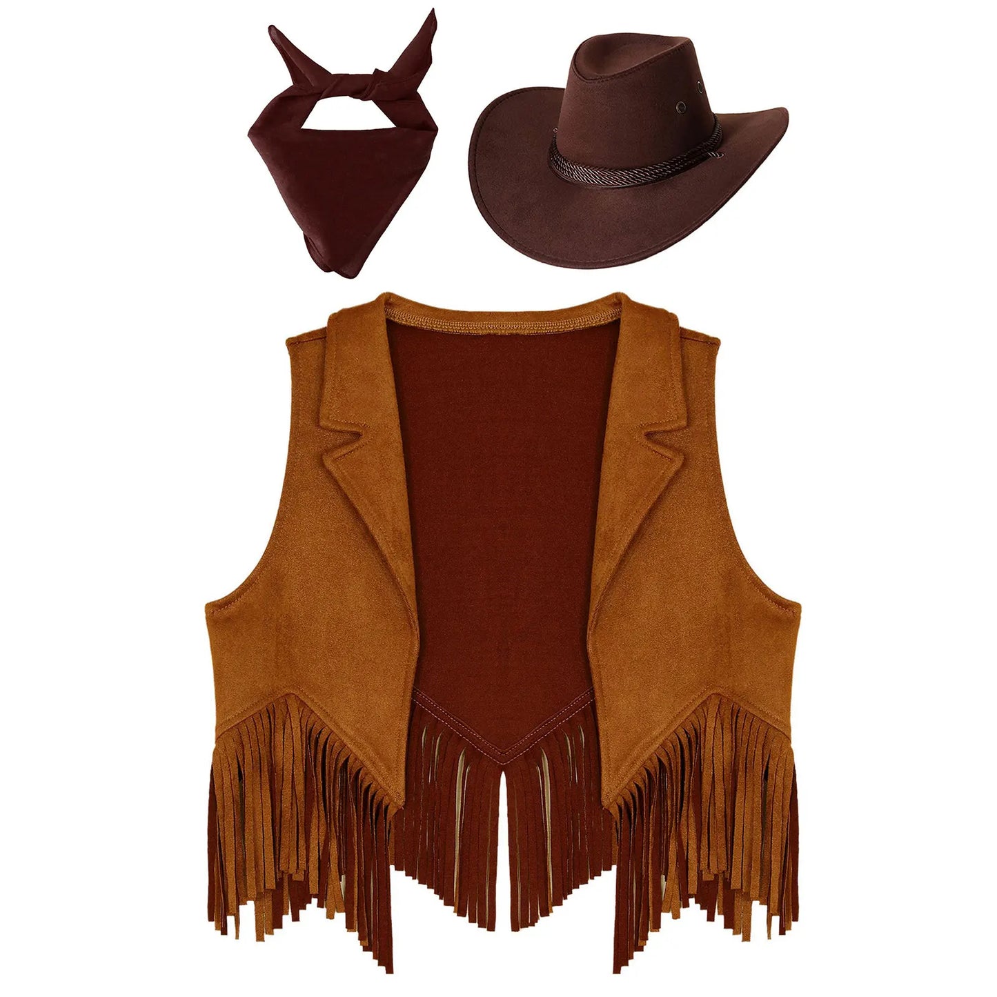 Costume de cosplay Western Cowboy Cowgirl pour enfants, glands en fibre de daim, chapeau glacé, ensemble bandana, habillage de fête à thème Halloween