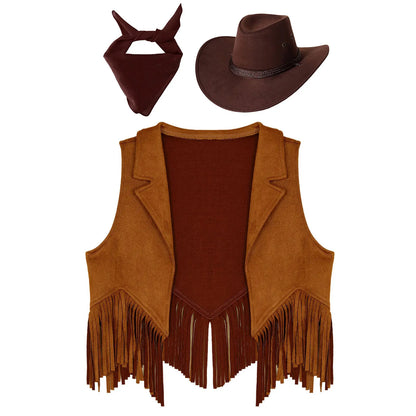 Costume de cosplay Western Cowboy Cowgirl pour enfants, glands en fibre de daim, chapeau glacé, ensemble bandana, habillage de fête à thème Halloween