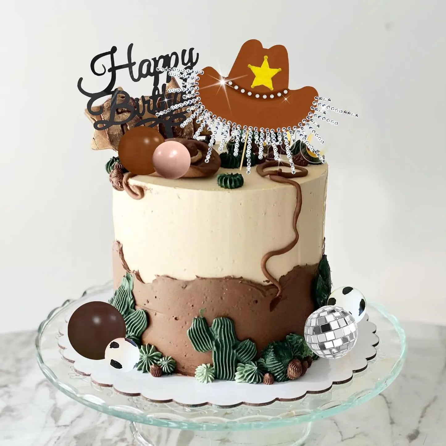 Décoration de gâteau de Cowgirl rose vif, chapeau de Cowgirl brillant, boules Disco pour fête à thème occidental, fournitures de fête d'anniversaire