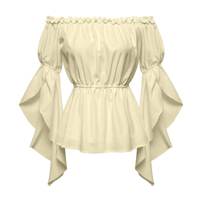 Chemises à volants Renaissance pour femmes, chemisier plissé à manches froissées, épaules dénudées, col bateau, chemise médiévale, chemise victorienne