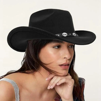 Womens Felt Western Cowboy Hats Studded Pinched Western Cowgirl Hats Wide Brim Retro Fedoras Hat Belt Buckle Vacation Party Hat