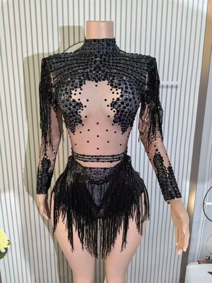 Body élastique à paillettes dorées et argentées avec pompons pour danse latine, tenue de scène, discothèque, DJ, chanteur, Q025Body élastique à paillettes dorées et argentées avec pompons pour danse latine, tenue de scène, discothèque, DJ, chanteur, Q025