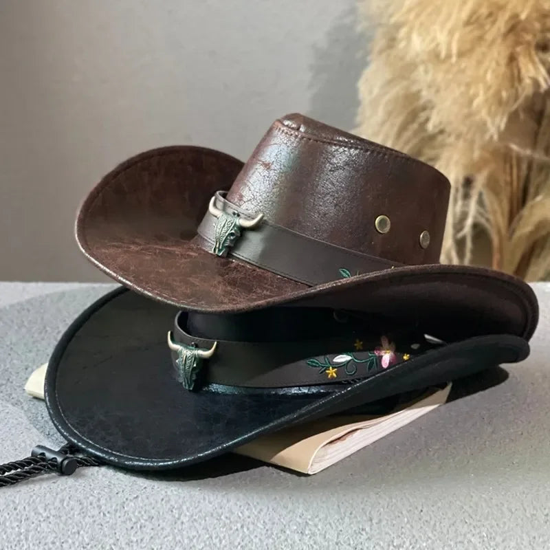 Fashion High Quality Retro Cow Head Decorate Western Cowboy Hat Faux Leather Gentleman Jazz Hats Men Panama Cowgirl Hat