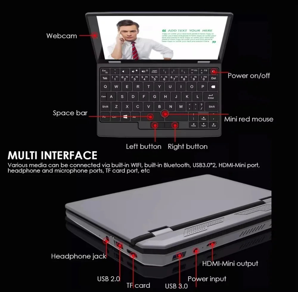 7 Inch Mini Laptop 16G 1TB N95 Notebook IPS Touch Screen Portable Netbook Win 11 Pro Mini PC Micro Computer Bluetooth 4.2